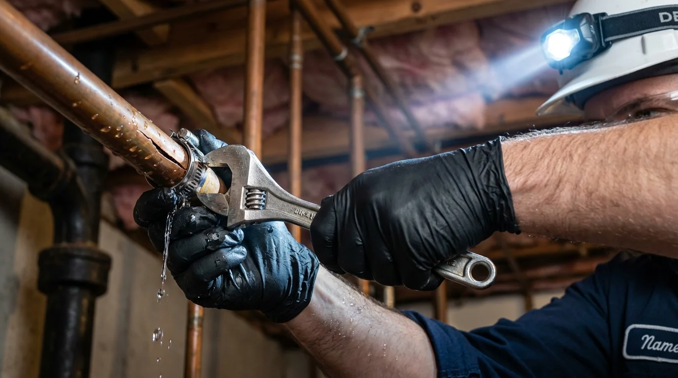 Emergency pipe clamp repair being performed by a Johns Plumbing LLC plumber in Show Low