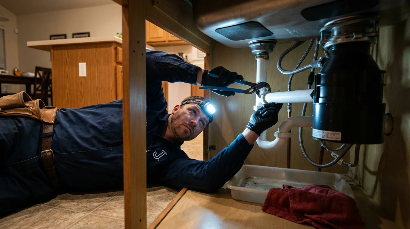 P-trap and supply line connections under a kitchen sink showing a common leak point in Show Low, AZ